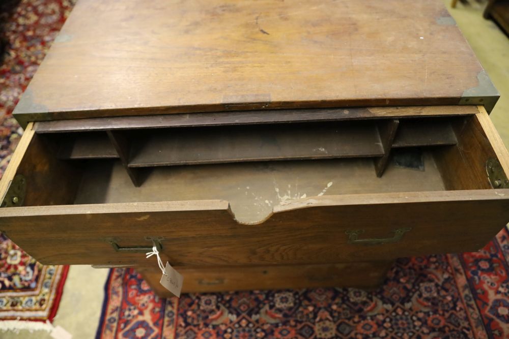 A small Victorian teak secretaire campaign chest, width 74cm, depth 40cm, height 86cm